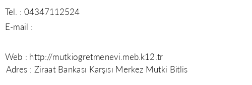 Bitlis Mutki retmenevi telefon numaralar, faks, e-mail, posta adresi ve iletiim bilgileri